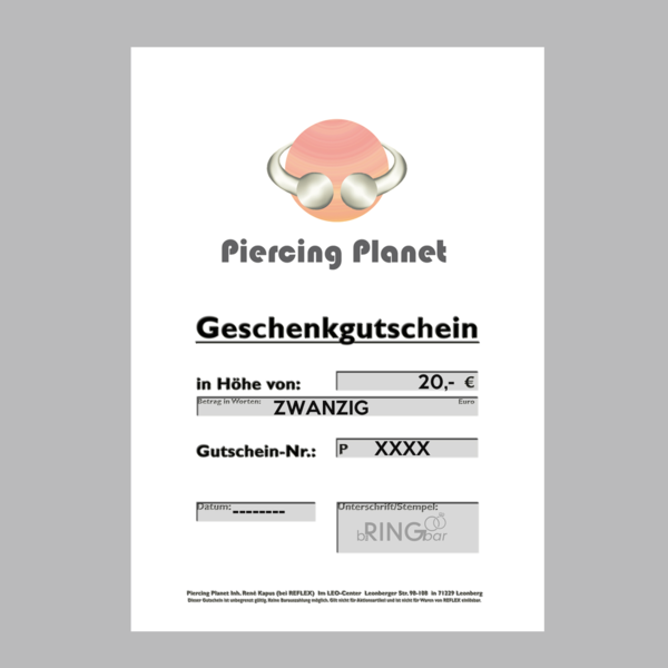 Geschenkgutschein für Piercing Planet - 20 EURO -