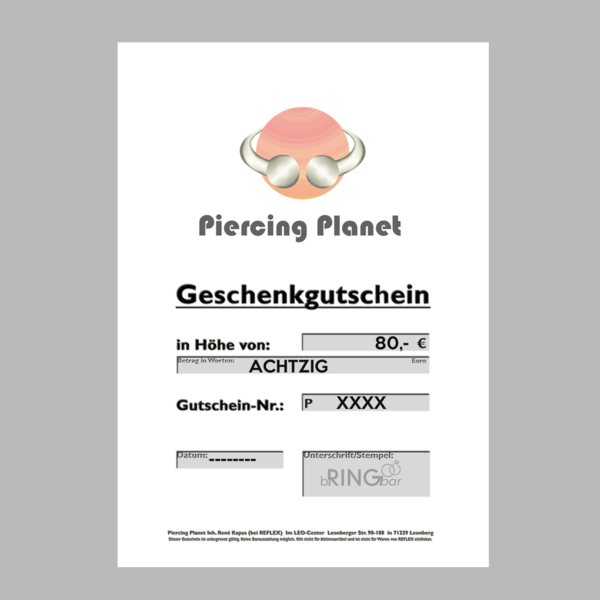 Geschenkgutschein für Piercing Planet - 80 EURO -